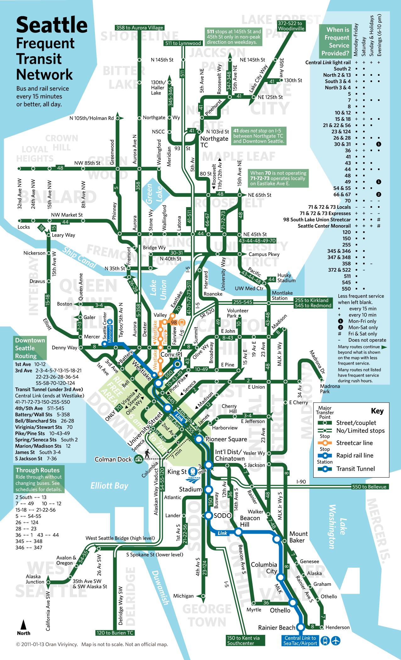 Kaart van Seattle bus busroutes en busstations van Seattle